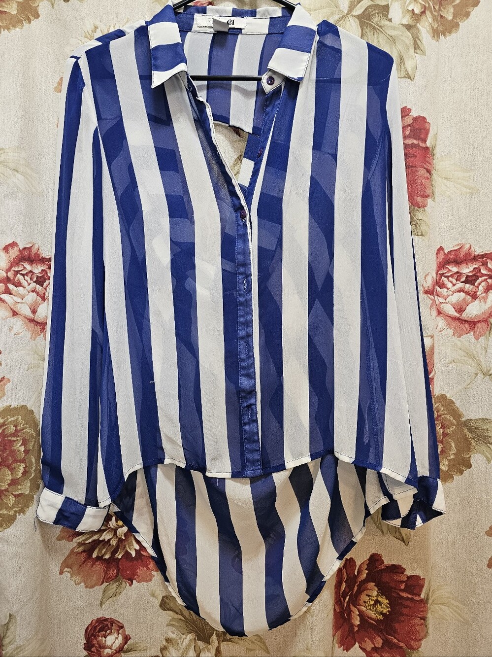 Forever 21 Striped Blue and White sheer Button-Up Blouse